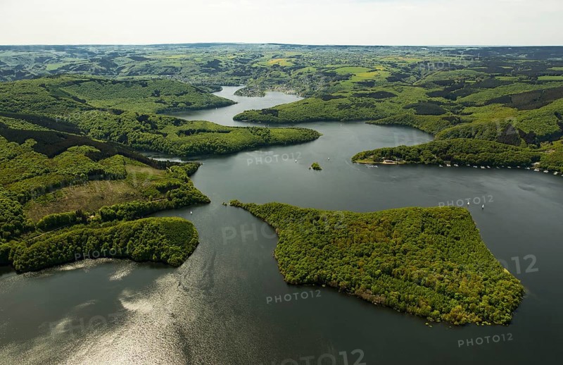 Rurstausee, Rurtalsperre Schwammenauel second largest reservoir in Germany, Heimbach, Eifel, North Rhine-Westphalia, Germany, Europe, aerial photo, birds-eyes view, aerial photography, aerial photography, overview, overview, bird's eye view