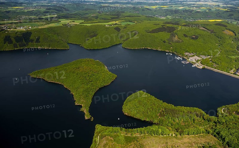 Rurstausee, Rurtalsperre Schwammenauel second largest reservoir in Germany, Heimbach, Eifel, North Rhine-Westphalia, Germany, Europe, aerial photo, birds-eyes view, aerial photography, aerial photography, overview, overview, bird's eye view