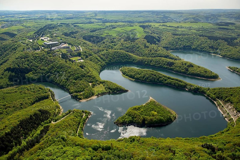 Former Nazi Ordensburg Vogelsang, a building complex erected by the National Socialists on Mount Erpenscheid (1) near Gemünd Eifel above the Urft Dam, Camp Vogelsang former barracks of the Belgian armed forces, Schleiden, Eifel, North Rhine-Westphalia, Germany, Europe, aerial view, birds-eyes view, aerial photography, aerial photography, overview, bird's eye view