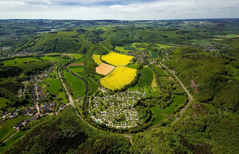 Rurschleife with camping site, agricultural fields and rape fields near Heimbach, Heimbach, Eifel, North Rhine-Westphalia, Germany, Europe, aerial view, birds-eyes view, aerial photography, aerial photography, overview, bird's eye view