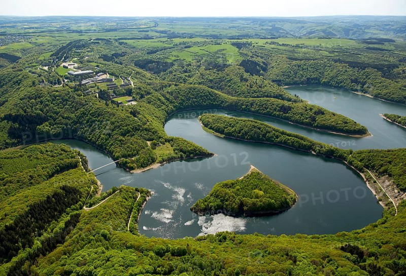 Former Nazi Ordensburg Vogelsang, a building complex erected by the National Socialists on Mount Erpenscheid (1) near Gemünd Eifel above the Urft Dam, Camp Vogelsang former barracks of the Belgian armed forces, Schleiden, Eifel, North Rhine-Westphalia, Germany, Europe, aerial view, birds-eyes view, aerial photography, aerial photography, overview, bird's eye view