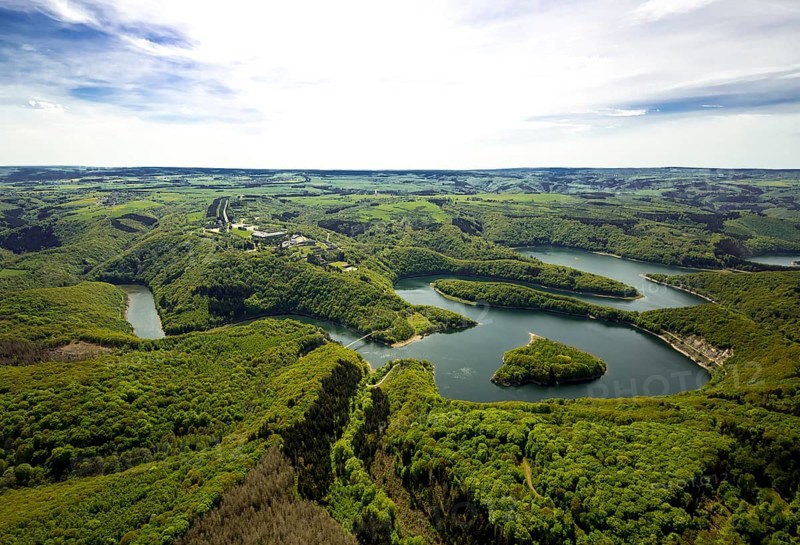 Former Nazi Ordensburg Vogelsang, a building complex erected by the National Socialists on Mount Erpenscheid (1) near Gemünd Eifel above the Urft Dam, Camp Vogelsang former barracks of the Belgian armed forces, Schleiden, Eifel, North Rhine-Westphalia, Germany, Europe, aerial view, birds-eyes view, aerial photography, aerial photography, overview, bird's eye view