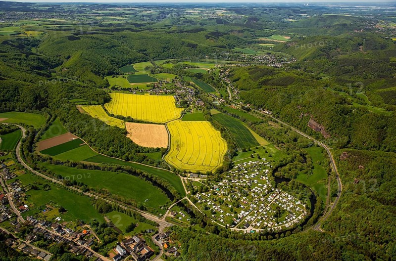 Rurschleife with camping site, agricultural fields and rape fields near Heimbach, Heimbach, Eifel, North Rhine-Westphalia, Germany, Europe, aerial view, birds-eyes view, aerial photography, aerial photography, overview, bird's eye view