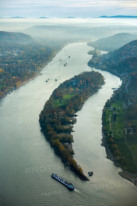 Bad Honnef, Rhine near Siebengebierge near Rolandswerth, Rhine valley in haze, Rhine island Nonnenwerth, island, North Rhine-Westphalia, Germany, Rhine near Siebengebierge near Bad Honnef, Europe, aerial view, birds-eyes view, aerial photography, aerial photography, aerial photography, overview, bird's eye view