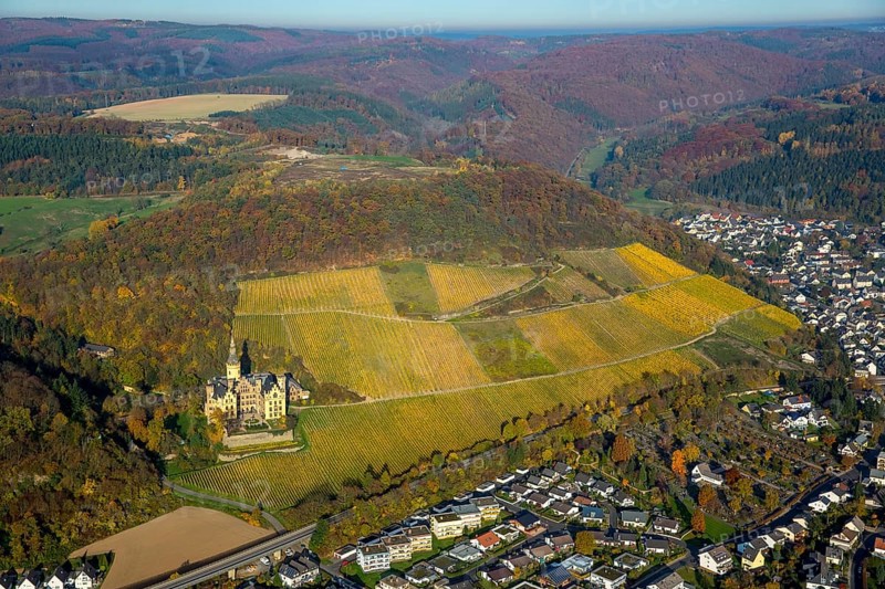 Vineyards in autumn, vine leaves, late harvest, Arensfels Castle, owned by Baron Antonius Geyr von Schweppenburg, Bad Breisig, Neuwied district, Rhineland-Palatinate, Germany, Europe, aerial view, birds-eyes view, aerial photography, aerial photography, overview, bird's eye view