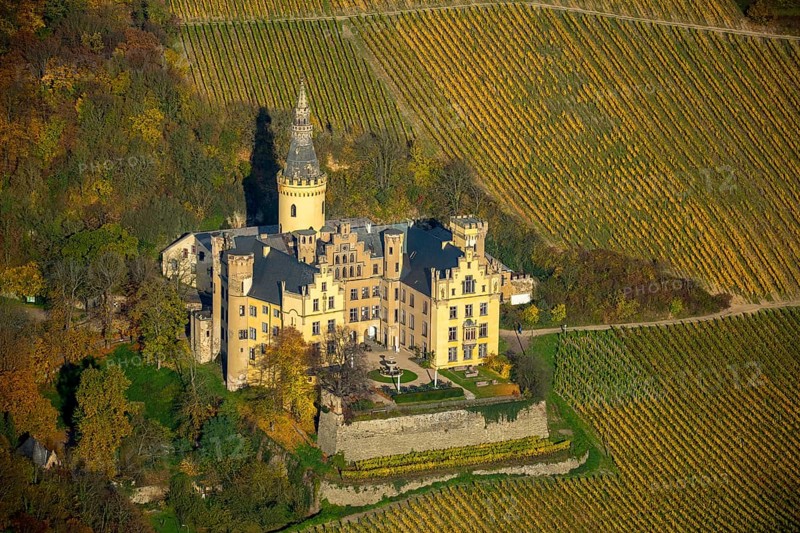 Vineyards in autumn, vine leaves, late harvest, Arensfels Castle, owned by Baron Antonius Geyr von Schweppenburg, Bad Breisig, Neuwied district, Rhineland-Palatinate, Germany, Europe, aerial view, birds-eyes view, aerial photography, aerial photography, overview, bird's eye view