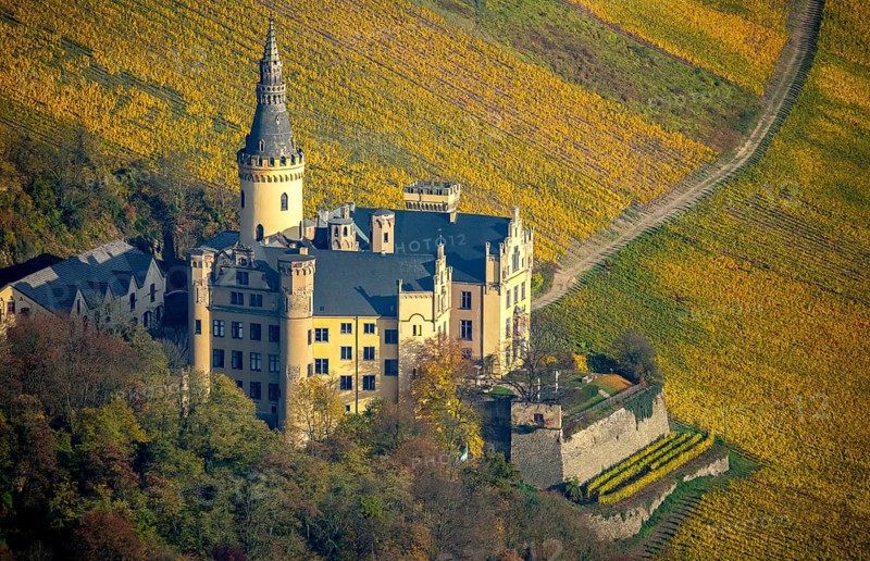 Vineyards in autumn, vine leaves, late harvest, Arensfels Castle, owned by Baron Antonius Geyr von Schweppenburg, Bad Breisig, Neuwied district, Rhineland-Palatinate, Germany, Europe, aerial view, birds-eyes view, aerial photography, aerial photography, overview, bird's eye view