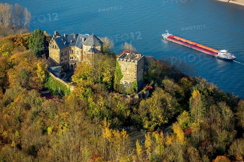 Rheineck Castle in the Rhine Valley, Rhine, autumn leaves, ship, freighter, inland navigation, Bad Breisig, Ahrweiler district, Rhineland-Palatinate, Germany, Europe, aerial view, birds-eyes view, aerial photography, aerial photography, overview, overview, bird's eye view, spa town