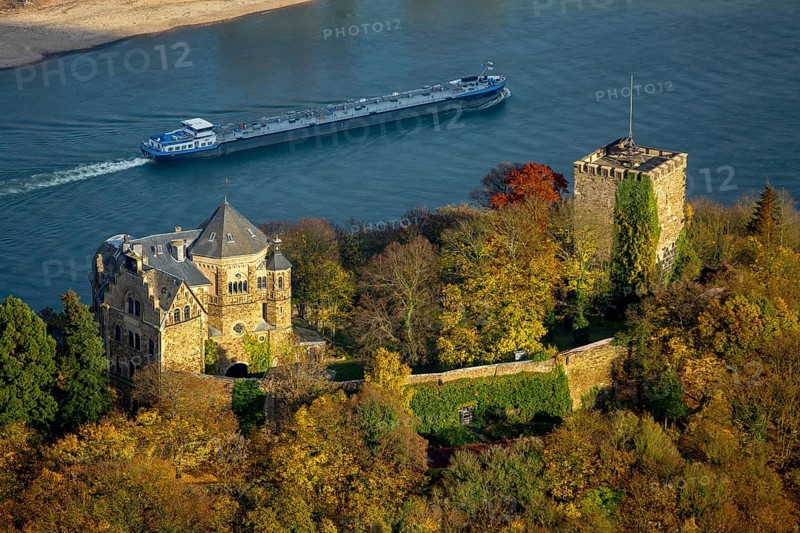 Rheineck Castle in the Rhine Valley, Rhine, autumn leaves, ship, freighter, inland navigation, gas tanker, Bad Breisig, Ahrweiler district, Rhineland-Palatinate, Germany, Europe, aerial view, birds-eyes view, aerial photography, aerial photography, overview, bird's eye view, spa town