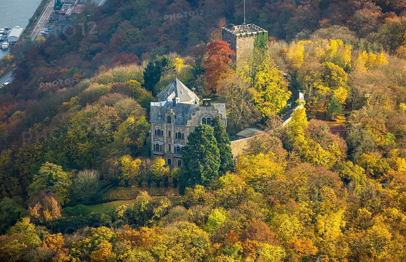 Rheineck Castle in the Rhine Valley, Rhine, autumn foliage, Bad Breisig, Ahrweiler district, Rhineland-Palatinate, Germany, Europe, aerial view, birds-eyes view, aerial photography, aerial photography, overview, bird's eye view, spa town