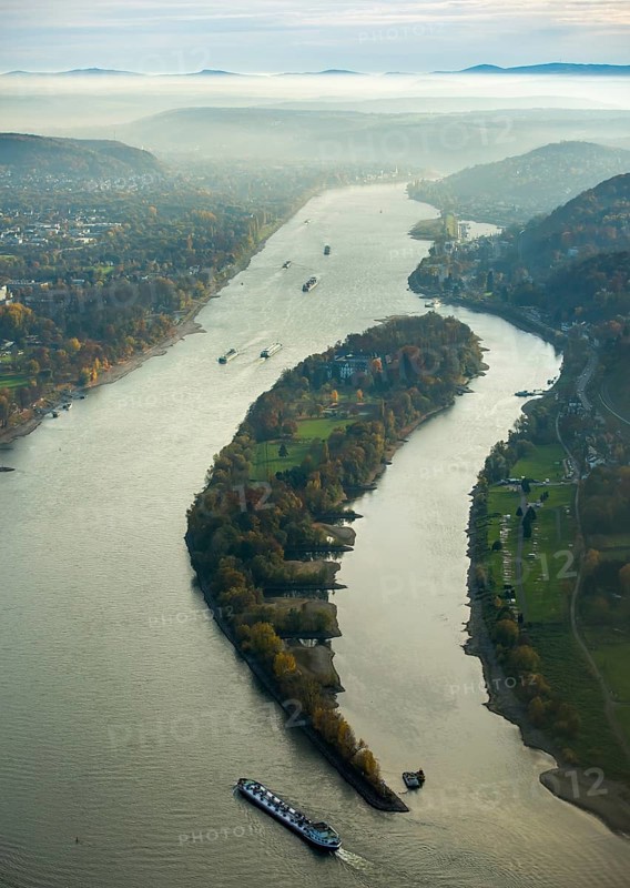 Bad Honnef, Rhine near Siebengebierge near Rolandswerth, Rhine valley in haze, Rhine island Nonnenwerth, island, North Rhine-Westphalia, Germany, Rhine near Siebengebierge near Bad Honnef, Europe, aerial view, birds-eyes view, aerial photography, aerial photography, aerial photography, overview, bird's eye view