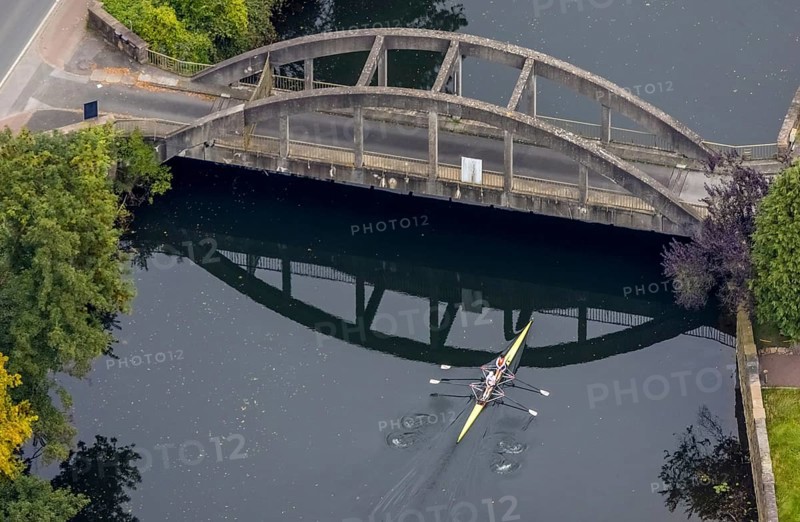 Aerial view, kayaker under the bridge at the Hohenstein hydroelectric power station in Witten, Ruhr area, North Rhine-Westphalia, Germany, bridge, DE, Europe, power station, aerial view, aerial photography, aerial photography, overview, bird's eye view, Hohenstein hydroelectric power station, Witten, birds-eyes view, overview