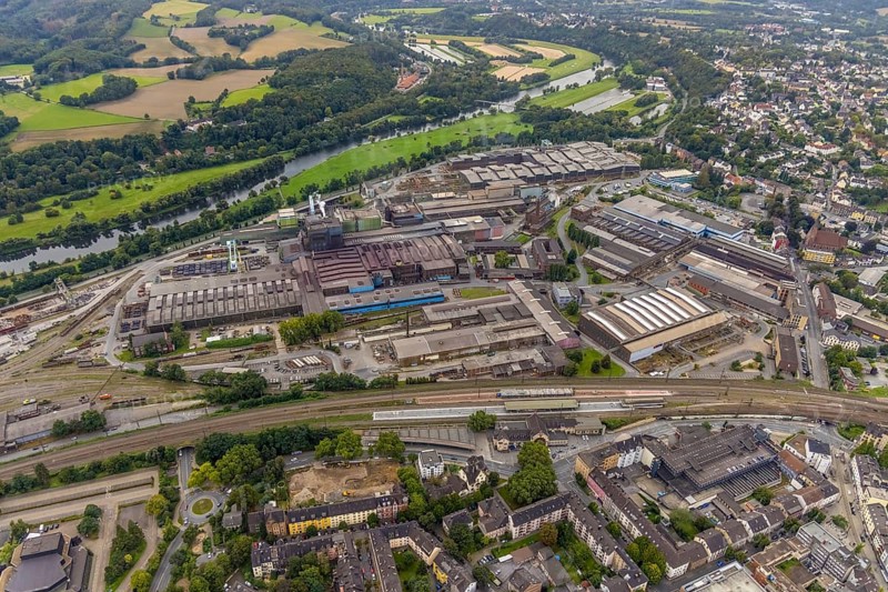 Aerial view, stainless steel plant Witten, main station Witten and construction site for new hotel building at Bergerstraße in Witten, Ruhr area, North Rhine-Westphalia, Germany, railway tracks, railway station, construction work, construction area, construction site, building plots, construction project, construction site, DE, Deutsche Bahn AG, Europe, commercial enterprises, commercial space, commercial area, commercial site, commercial use, main railway station, main station, industrial area, industrial site, aerial view, aerial photography, aerial photography, new construction, overview, bird's-eye view, Witten, birds-eyes view, overview
