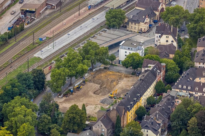 Aerial view, construction site for new hotel building on Bergerstraße at the main railway station in Witten, Ruhr area, North Rhine-Westphalia, Germany, construction work, construction area, construction site, building plots, construction project, construction site, DE, Europe, aerial view, aerial photography, aerial photography, overview, bird's eye view, Witten, birds-eyes view, overview