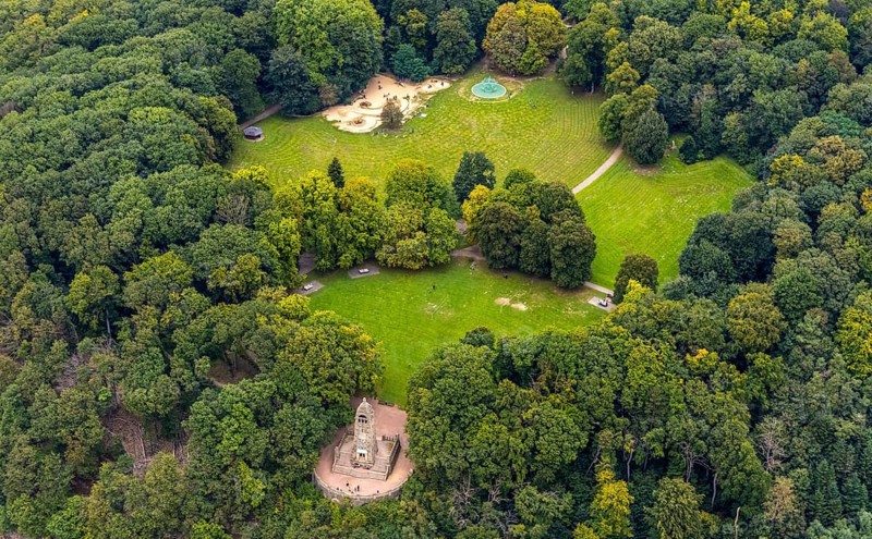 Aerial view, forest area and recreation area Hohenstein with the children's playground and playground and the mountain monument in Witten, Ruhr area, North Rhine-Westphalia, Germany, excursion destination, mountain monument, DE, Europe, leisure, children's playground, aerial view, aerial photography, aerial photography, playground, overview, bird's eye view, forest area, Witten, birds-eyes view, overview