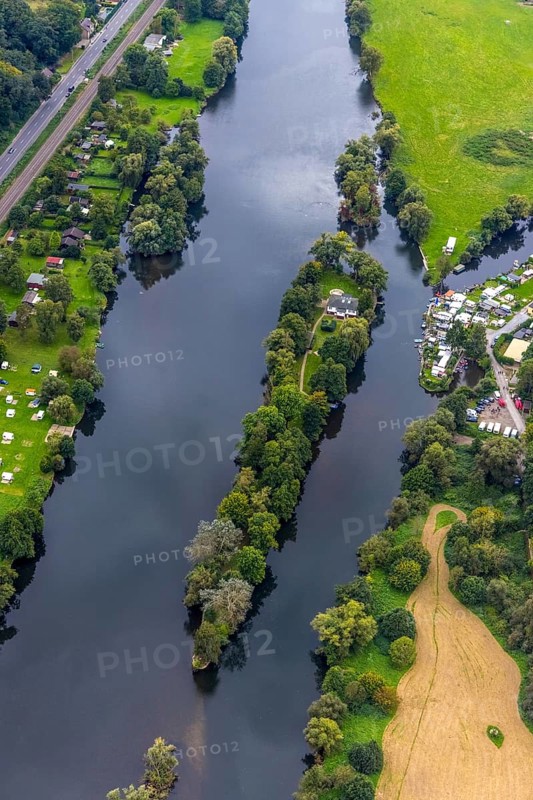 Aerial view, river Ruhr with the camping site Steger and the Ruhrinsel in the district Bommern in Witten, Ruhr area, North Rhine-Westphalia, Germany, DE, Europe, aerial view, aerial photography, aerial photography, overview, bird's eye view, Witten, birds-eyes view, overview