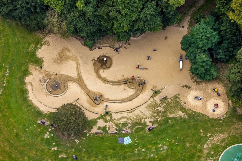 Aerial view, forest area and recreation area Hohenstein with the children's playground in Witten, Ruhr area, North Rhine-Westphalia, Germany, DE, Europe, leisure, children's playground, aerial view, aerial photography, aerial photography, overview, bird's-eye view, forest area, Witten, birds-eyes view, overview