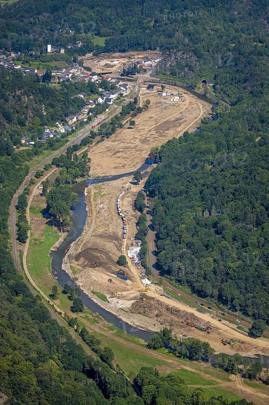 Aerial view, flood area at the river Ahr with historical sight Burg Kreuzberg in the district Kreuzberg, Altenahr, Ahrtal, Rhineland-Palatinate, Germany, Ahrbrück, Ahrhochwasser, Burg, DE, Europe, flood disaster, flood disaster, Höhenburg, Jahrhunderthochwasser, aerial photograph, aerial photography, aerial photography, overview, bird's eye view, birds-eyes view, overview, flooding, flooding, flood area