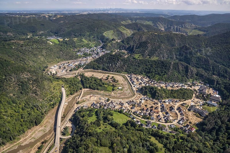 Aerial view, flood area on the river Ahr with Altenahr primary school and Maternus-Stift retirement centre in Altenahr, Ahr valley, Rhineland-Palatinate, Germany, Ahr flood, Altenahr, retirement home, old people's home, care and nursing, education, educational institution, DE, Europe, flood disaster, primary school, flood, flood disaster, flood of the century, educational institute, aerial photography, aerial photography, aerial photography, care facility, school, retirement home, retirement residence, retirement home, retirement centre, overview, bird's eye view, birds-eyes view, overview, flooding, flooding area