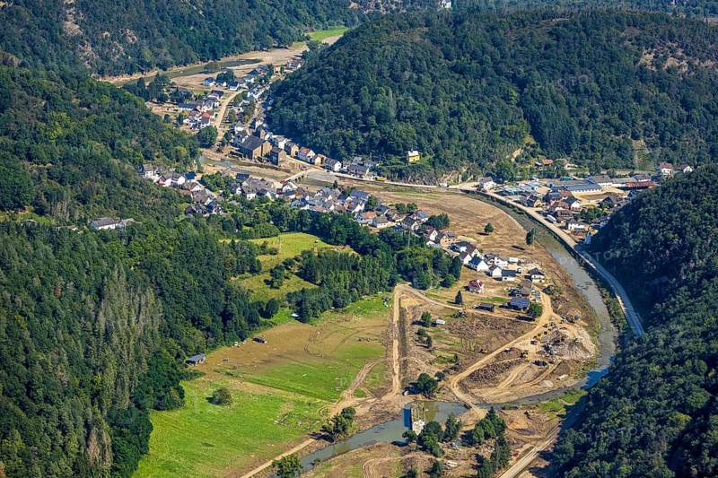 Aerial view, flood area on the river Ahr with Ahr bridge in the district of Brück, Ahrbrück, Ahr valley, Rhineland-Palatinate, Germany, Ahr flood, DE, Europe, flood disaster, flood disaster, flood of the century, St Catherine's Chapel on the rock, aerial view, aerial photography, aerial photography, overview, bird's eye view, forest area, birds-eyes view, overview, flooding, flooding, flood area