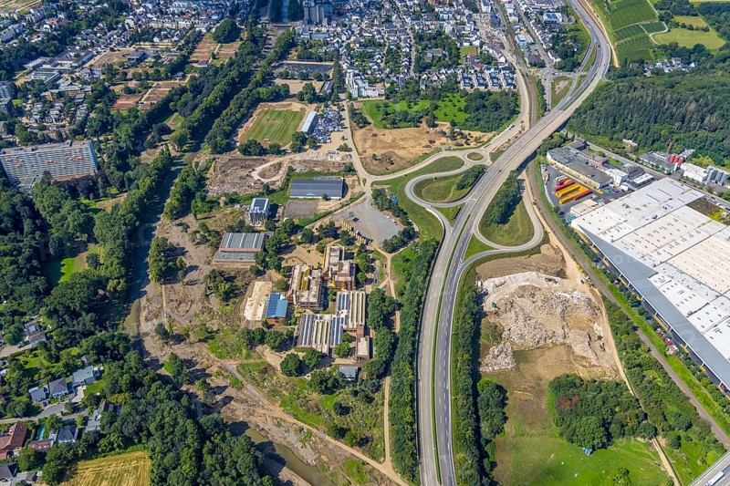 Aerial view, exit Bad Neuenahr-Ost of the federal road B266 and vocational school Ahrweiler in Bad Neuenahr-Ahrweiler, Ahr flood, Ahr valley, Rhineland-Palatinate, Germany, Bad Neuenahr-Ahrweiler, education, educational institution, DE, Europe, flood of the century, educational institute, aerial view, aerial photography, aerial photography, school, overview, bird's eye view, birds-eyes view, overview