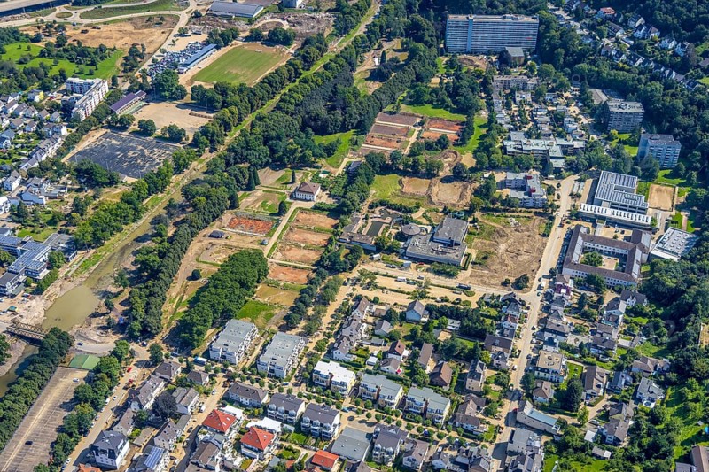 Aerial view, flood area at the river Ahr with destroyed HTC Bad Neuenahr tennis centre and TWIN indoor swimming pool and leisure pool in Bad Neuenahr, Bad Neuenahr-Ahrweiler, Ahr flood, Ahr valley, Rhineland-Palatinate, Germany, DE, Europe, leisure pool, indoor swimming pool, hockey and tennis club Bad Neuenahr, flood of the century, aerial view, aerial photography, aerial photography, swimming pool, sports, tennis, tennis centre, tennis courts, overview, bird's-eye view, overview