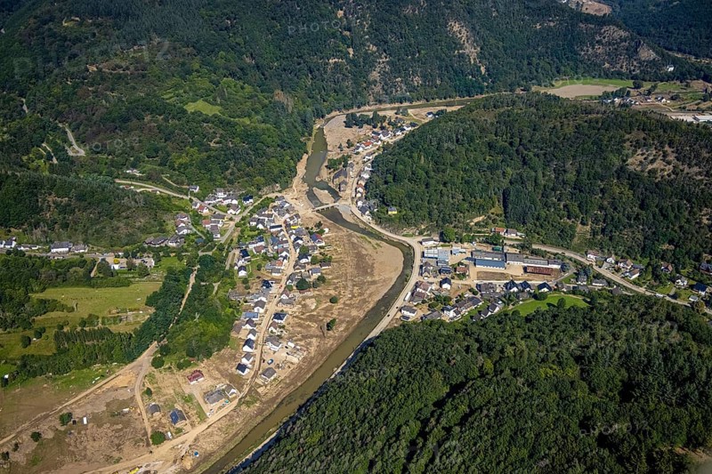 Aerial view, flood area on the river Ahr with Ahr bridge in the district of Brück, Ahrbrück, Ahr valley, Rhineland-Palatinate, Germany, Ahr flood, DE, Europe, flood disaster, flood disaster, flood of the century, St Catherine's Chapel on the rock, aerial view, aerial photography, aerial photography, overview, bird's eye view, forest area, birds-eyes view, overview, flooding, flooding, flood area