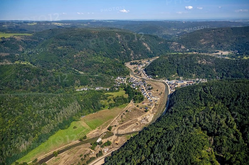 Aerial view, flood area on the river Ahr with Ahr bridge in the district of Brück, Ahrbrück, Ahr valley, Rhineland-Palatinate, Germany, Ahr flood, DE, Europe, flood disaster, flood disaster, flood of the century, St Catherine's Chapel on the rock, aerial view, aerial photography, aerial photography, overview, bird's eye view, forest area, birds-eyes view, overview, flooding, flooding, flood area