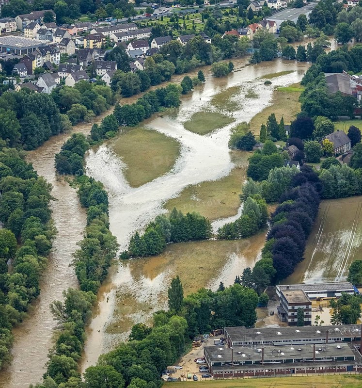 Aerial photo, Lennnehochwasser, Lennetal, Hagen, Ruhr area, North Rhine-Westphalia, Germany, DE, Europe, birds-eyes view, aerial photography, aerial photography, overview, overview, bird's eye view