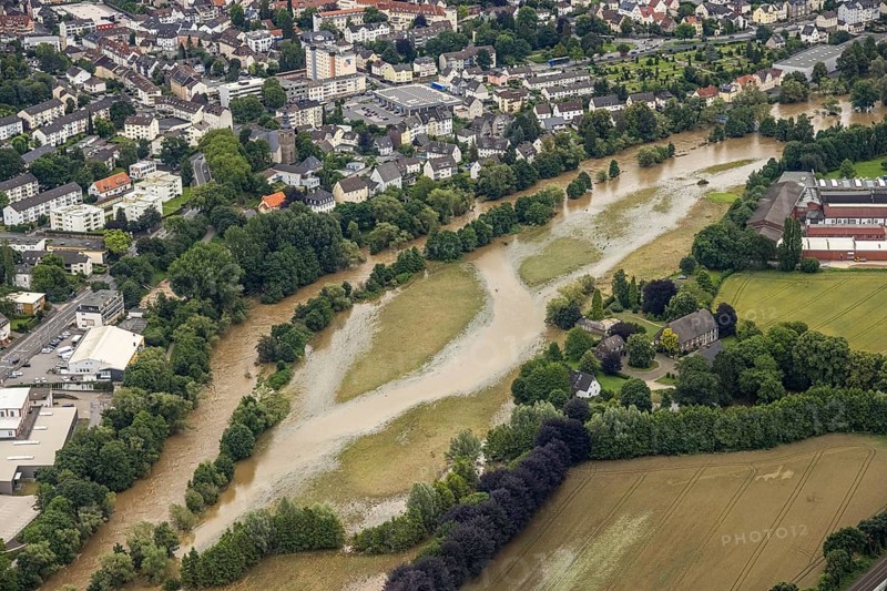 Aerial photo, Lennehochwasser, Hohenlimburg, Hagen, Ruhr area, North Rhine-Westphalia, Germany, DE, Europe, birds-eyes view, aerial photography, aerial photography, overview, overview, bird's eye view