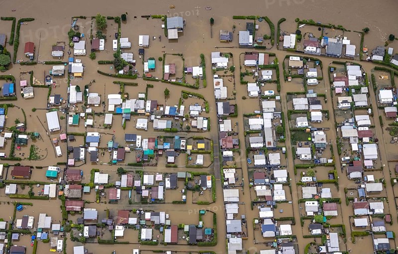 Aerial photo, Ruhr flood, flooded campsite CampingClub Garenfeld Ruhrbogen e.v, Westhofen, Schwerte, Ruhr area, North Rhine-Westphalia, Germany, Hagen, DE, Europe, birds-eyes view, aerial photography, aerial photography, overview, bird's eye view
