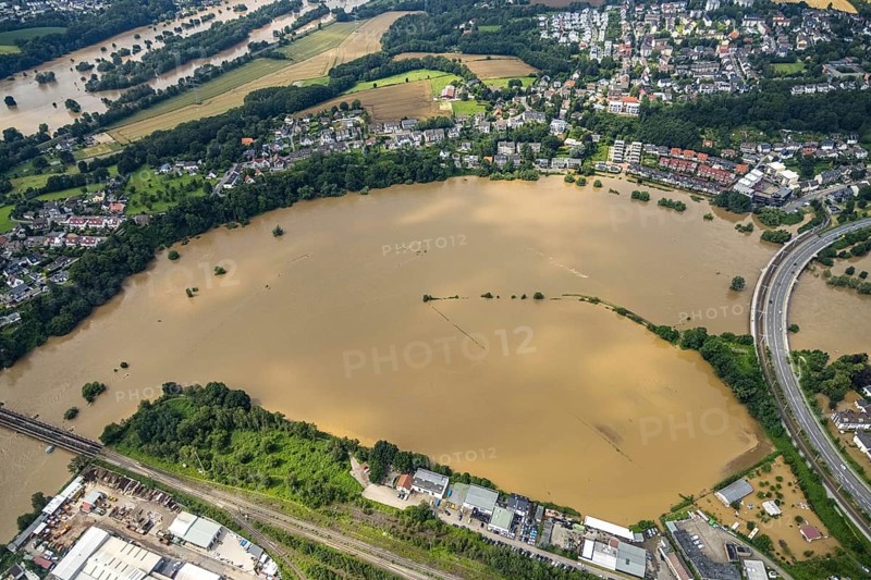 Aerial photo, Ruhr flood, flooding, Hattingen, Ruhr area, North Rhine-Westphalia, Germany, DE, Europe, birds-eyes view, aerial photo, aerial photography, aerial photography, overview, bird's eye view, flood, flood of the century