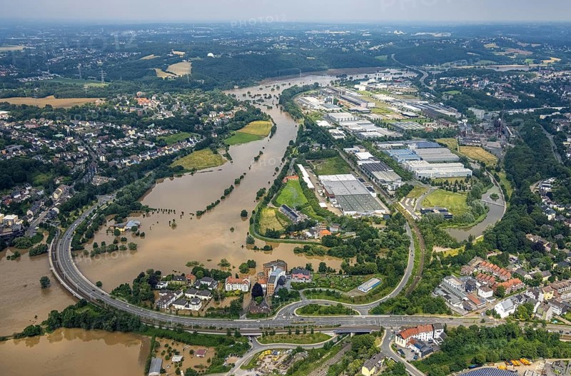 Aerial photo, Ruhr flood, flooding, Ruhr bridge Bochumer Straße, Hattingen, Ruhr area, North Rhine-Westphalia, Germany, DE, Europe, birds-eyes view, aerial photo, aerial photography, aerial photography, overview, bird's eye view, flood, flood of the century