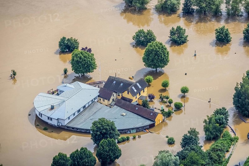 Aerial photo, Ruhr flood, flooding, camping site Ruhrbrücke in Hattingen, Baak, Hattingen, Ruhr area, North Rhine-Westphalia, Germany, DE, Europe, birds-eyes view, aerial photo, aerial photography, aerial photography, overview, overview, bird's eye view, flood, flood of the century