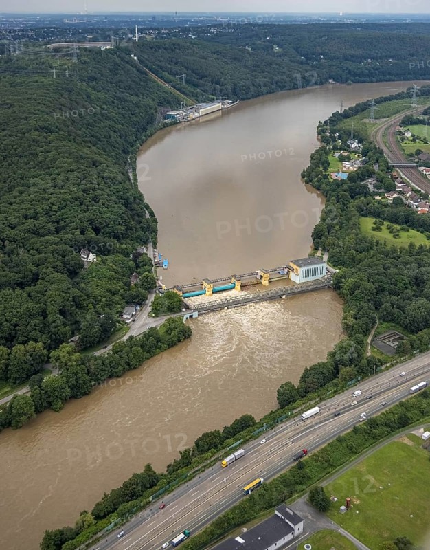 Aerial photo, Ruhr flood, barrage Hengsteysee, flooding, Herdecke, Boele, Hagen, Ruhr area, North Rhine-Westphalia, Germany, DE, Europe, birds-eyes view, aerial photo, aerial photography, aerial photography, overview, overview, bird's eye view, Ruhr flood, heavy rain, flood of the century