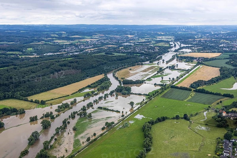 Aerial photo, Ruhr flood, Geisecke, Schwerte, Ruhr area, North Rhine-Westphalia, Germany, DE, Europe, birds-eyes view, aerial photography, aerial photography, overview, overview, bird's eye view