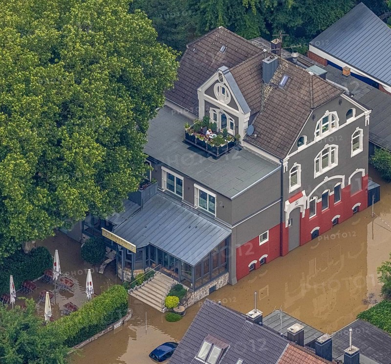 Aerial photo, Ruhr floods, floods at Laupendahler Landstraße in Essen-Werden, Werden, Essen, Ruhr area, North Rhine-Westphalia, Germany, DE, Europe, birds-eyes view, aerial photo, aerial photography, aerial photography, overview, overview, bird's eye view, flood, flood of the century, flooding