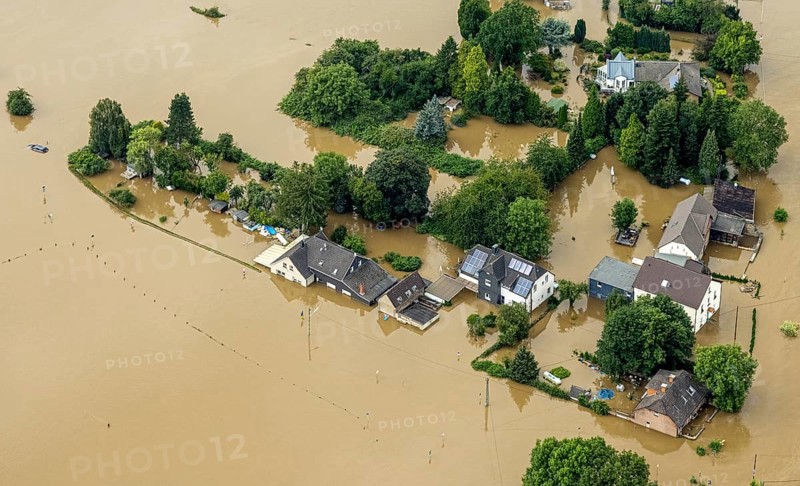 Aerial photo, Ruhr flood, flooding, Dahlhausen, Bochum, Ruhr area, North Rhine-Westphalia, Germany, DE, Europe, birds-eyes view, aerial photo, aerial photography, aerial photography, overview, bird's eye view, flood, flood of the century, city boundary Bochum Hattingen