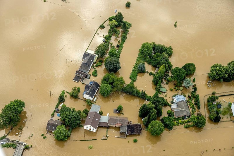 Aerial photo, Ruhr flood, flooding, Dumberg, Hattingen, Ruhr area, North Rhine-Westphalia, Germany, DE, Europe, birds-eyes view, aerial photo, aerial photography, aerial photography, overview, bird's eye view, flood, flood of the century, city boundary Bochum Hattingen