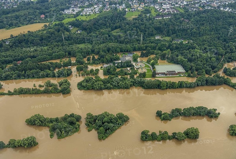 Aerial photo, Ruhr flood, flooding, Burgaltendorf, Essen, Ruhr area, North Rhine-Westphalia, Germany, DE, Europe, birds-eyes view, aerial photo, aerial photography, aerial photography, overview, overview, bird's eye view, flood, flood of the century