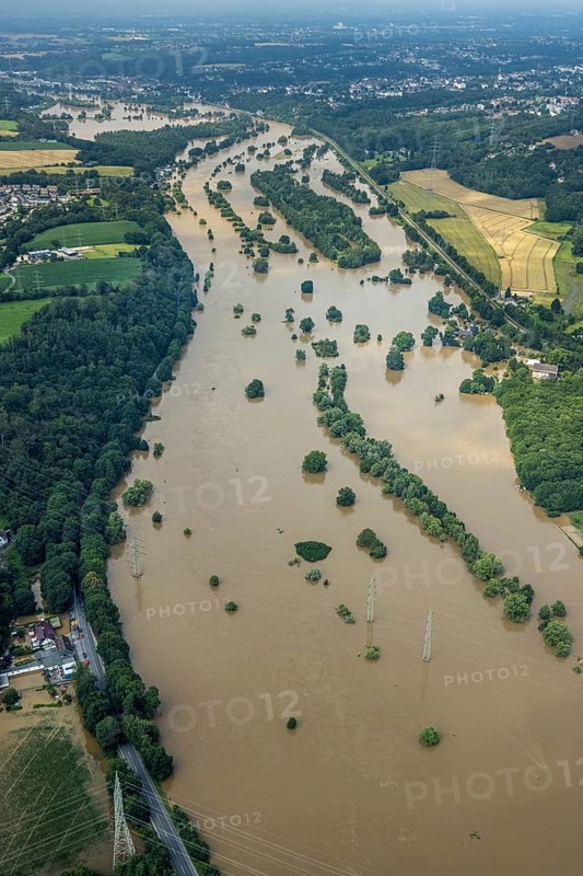 Aerial photo, Ruhr flood, flooding, Winz, Hattingen, Ruhr area, North Rhine-Westphalia, Germany, DE, Europe, birds-eyes view, aerial photo, aerial photography, aerial photography, overview, overview, bird's eye view, flood, century flood