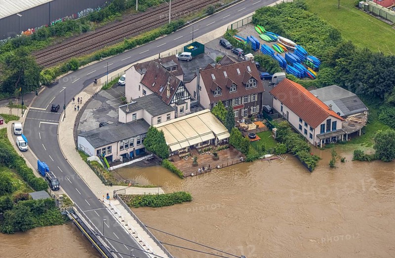 Aerial photo, Ruhr flood, flooding, Cavos, Kupferdreh, Essen, Ruhr area, North Rhine-Westphalia, Germany, DE, Europe, birds-eyes view, aerial photo, aerial photography, aerial photography, overview, bird's eye view, flood, flood of the century