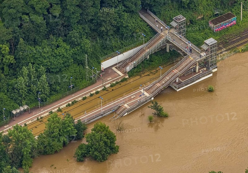 Aerial photograph, Ruhr flood, flooding, flooded train line at Holthausen Bf station, Heisingen, Essen, Ruhr area, North Rhine-Westphalia, Germany, DE, Europe, birds-eyes view, aerial photograph, aerial photography, aerial photography, overview, overview, bird's eye view, flood, flood of the century