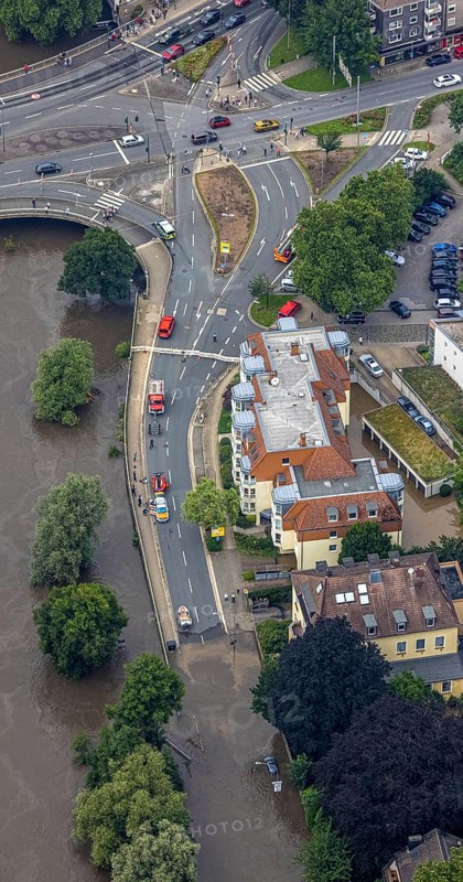 Aerial photo, Ruhr floods, floods at Laupendahler Landstraße in Essen-Werden, Werden, Essen, Ruhr area, North Rhine-Westphalia, Germany, DE, Europe, birds-eyes view, aerial photo, aerial photography, aerial photography, overview, overview, bird's eye view, flood, flood of the century, flooding