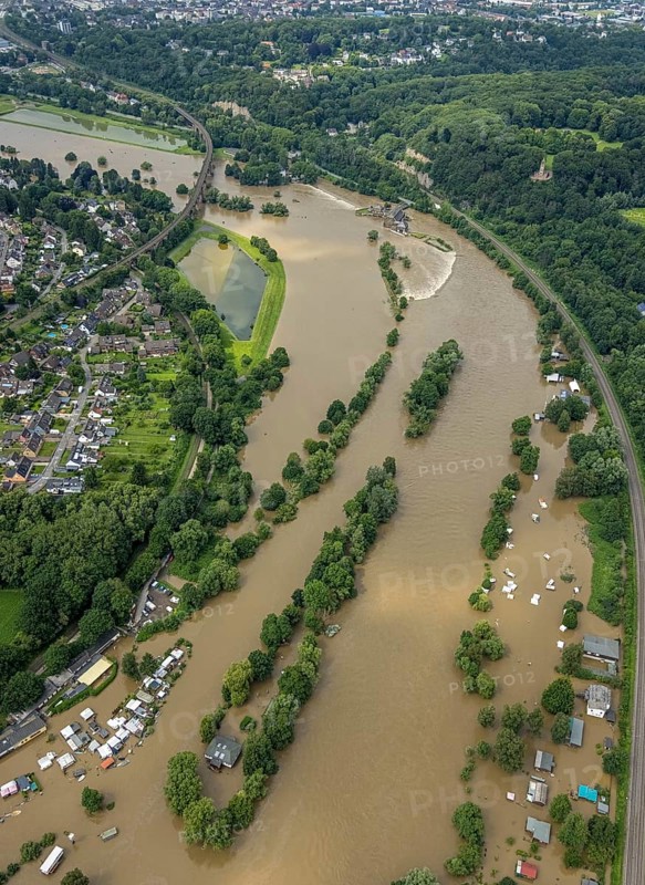 Aerial photo, Ruhr flood, barrage Witten, flooding, Annen, Witten, Ruhr area, North Rhine-Westphalia, Germany, DE, Europe, birds-eyes view, aerial photo, aerial photography, aerial photography, overview, bird's eye view, Ruhr flood, heavy rain, flood of the century