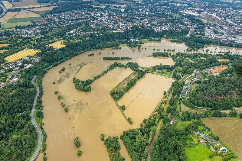 Aerial photo, Ruhr floods, Witten waterworks, flooding, Witten, Ruhr area, North Rhine-Westphalia, Germany, DE, Europe, birds-eyes view, aerial photo, aerial photography, aerial photography, overview, bird's eye view, Ruhr floods, heavy rain, flood of the century
