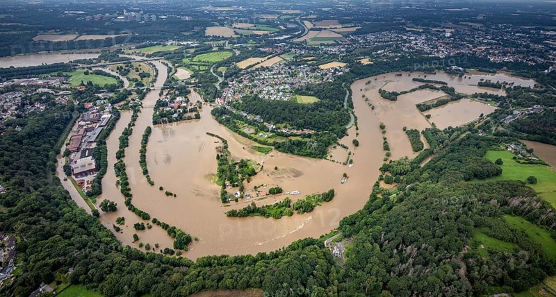 Aerial photo, Ruhr floods, Witten waterworks, flooding, Witten, Ruhr area, North Rhine-Westphalia, Germany, DE, Europe, birds-eyes view, aerial photo, aerial photography, aerial photography, overview, bird's eye view, Ruhr floods, heavy rain, flood of the century