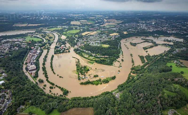 Aerial photo, Ruhr floods, Witten waterworks, flooding, Witten, Ruhr area, North Rhine-Westphalia, Germany, DE, Europe, birds-eyes view, aerial photo, aerial photography, aerial photography, overview, bird's eye view, Ruhr floods, heavy rain, flood of the century