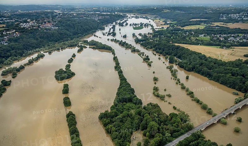 Aerial view, Ruhr floods, Ruhr between Bochum and Hattingen, flood, Blankenstein, Hattingen, Ruhr area, North Rhine-Westphalia, Germany, DE, Europe, birds-eyes view, aerial photograph, aerial photography, aerial photography, overview, bird's eye view, Ruhr floods, heavy rain, flood of the century
