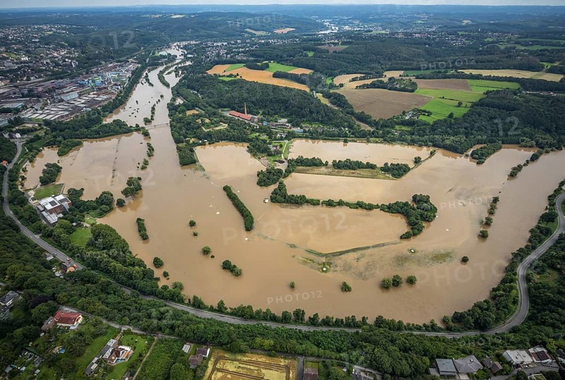 Aerial photo, Ruhr floods, Witten waterworks, flooding, Witten, Ruhr area, North Rhine-Westphalia, Germany, DE, Europe, birds-eyes view, aerial photo, aerial photography, aerial photography, overview, bird's eye view, Ruhr floods, heavy rain, flood of the century